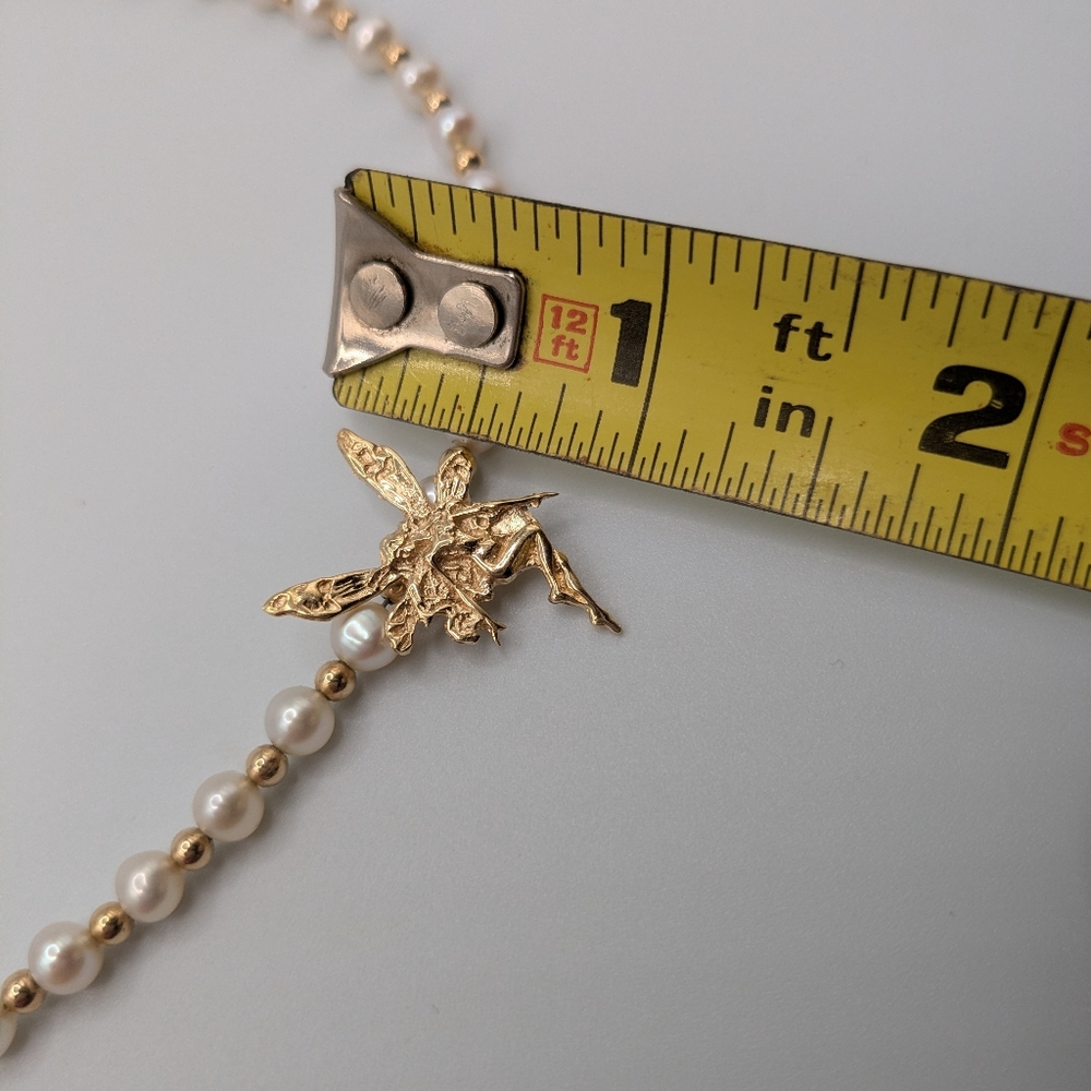 14k Yellow Gold Beaded Pearl Necklace With Fairy Pendant - Picture 9 of 15